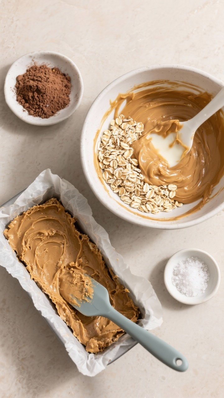 Overhead ingredient-and-process flat lay for no-bake peanut butter protein bars: a mixing bowl with a thick peanut butter, honey/maple, and almond milk mixture being folded into rolled oats and vanilla/chocolate protein powder. Next to it, a parchment-lined loaf pan partially pressed with the mixture, a rubber spatula, and a small dish of flaky salt for optional topping. Neutral background, soft side light emphasizing chewy texture.