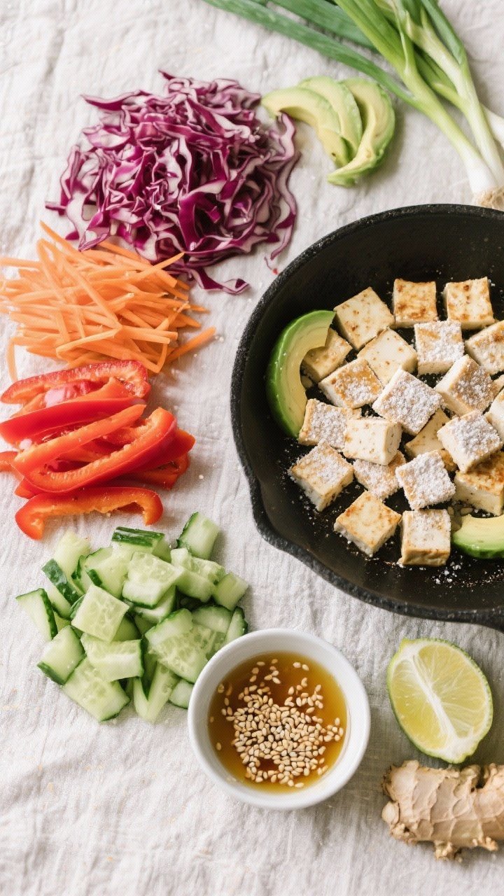 Overhead ingredient-prep flat lay for Sesame-Ginger Tofu Power Salad: pressed extra-firm tofu cubes dusted with cornstarch ready for a hot skillet with avocado oil; neat piles of shredded red cabbage and carrots, thinly sliced red bell pepper, and chopped cucumbers; a small bowl of sesame-ginger dressing with visible sesame seeds and grated ginger; lime wedges and scallions to the side; crisp, high-contrast styling on a light linen.