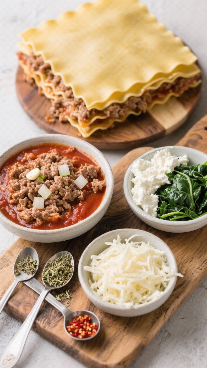 Overhead ingredient-prep shot for turkey spinach lasagna: neat layers of no-boil lasagna sheets, browned lean ground turkey with diced onion and minced garlic, a bowl of low-sugar marinara, cottage cheese mixed with chopped spinach, dried oregano, red pepper flakes, and shredded mozzarella arranged in separate bowls; rustic wooden board, measured spoons, clean mise en place, Italian comfort mood.