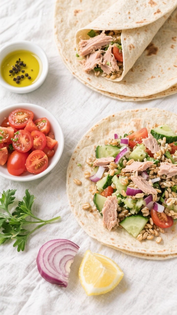 Overhead ingredient-to-assembly scene for Mediterranean Tuna and Farro Chopped Salad Wraps: cooked farro, tuna in olive oil flaked in a bowl, chopped cherry tomatoes, English cucumber, finely chopped red onion, parsley, lemon wedges, and large whole-grain wraps laid out; a small bowl of olive oil and pepper; one wrap partially filled and folded; bright, clean lines, fresh Mediterranean tones on a light linen.