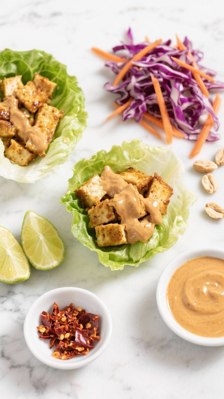 Overhead ingredient-to-assembly shot for Peanut Tempeh Lettuce Wraps with Crunchy Slaw: butter lettuce leaves arranged like cups, filled with golden, crumbled tempeh sautéed in avocado oil, draped with glossy peanut sauce; side piles of finely shredded purple cabbage and grated carrot; crushed peanuts and lime wedges scattered; small dish of chili flakes and extra sauce; bright, crisp styling on a white marble surface.