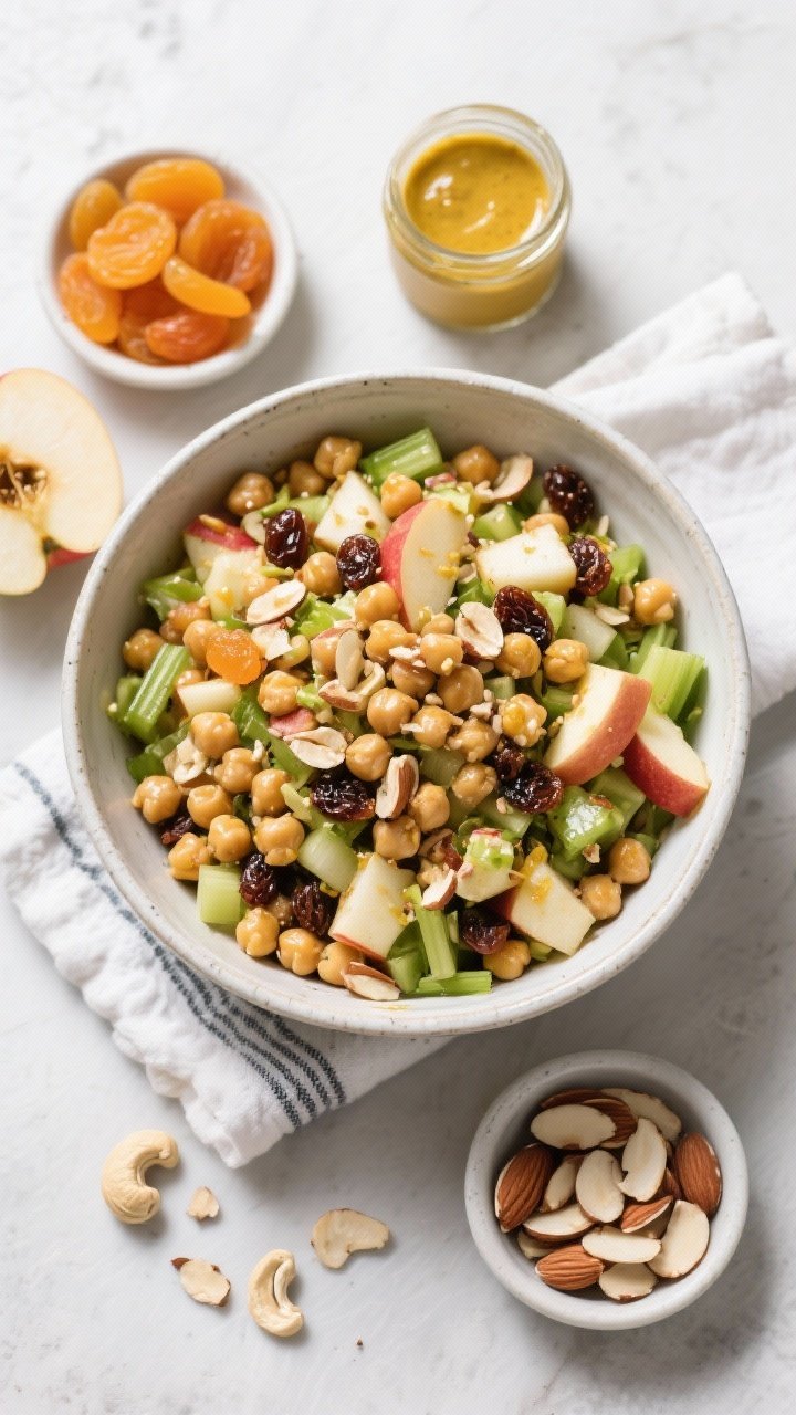 Overhead ingredient-to-bowl transition for curried chickpea apple crunch salad: chickpeas, diced crisp apple, diced celery, raisins (or chopped dried apricots), sliced almonds (or chopped cashews), and a small jar of golden curry-yogurt dressing arranged around a large mixing bowl; final bowl shows glossy, well-coated salad with visible textures and a sprinkle of nuts on top.