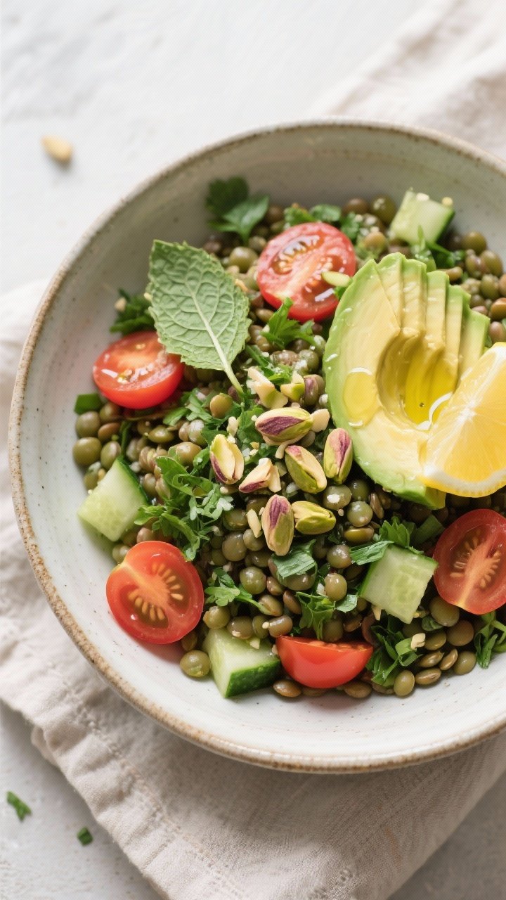 Overhead ingredient-to-bowl transition for Protein-Packed Lentil Tabbouleh: a large ceramic bowl piled with cooked green/French lentils simmered with a bay leaf, folded into finely chopped parsley, diced English cucumber, quartered cherry tomatoes, and mint; avocado slices fanned on top with a sprinkle of chopped pistachios; lemony olive oil dressing pooling lightly, vibrant greens and ruby tomatoes popping against a neutral linen.