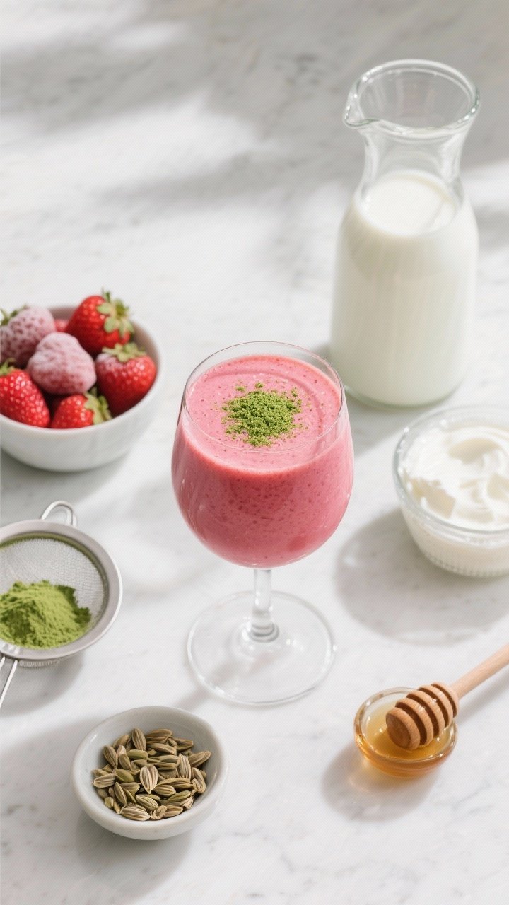 Overhead ingredient-to-final shot: a bright strawberry matcha protein shake in a stemless wine glass, vibrant pink with a faint green dusting of matcha on top. Place a bowl of frozen strawberries, a small sieve with culinary-grade matcha powder, unsweetened vanilla almond milk in a carafe, Greek yogurt, hemp hearts in a tiny dish, and a honey dipper. Fresh and bright styling, crisp whites and reds with a hint of green, clean modern aesthetic.