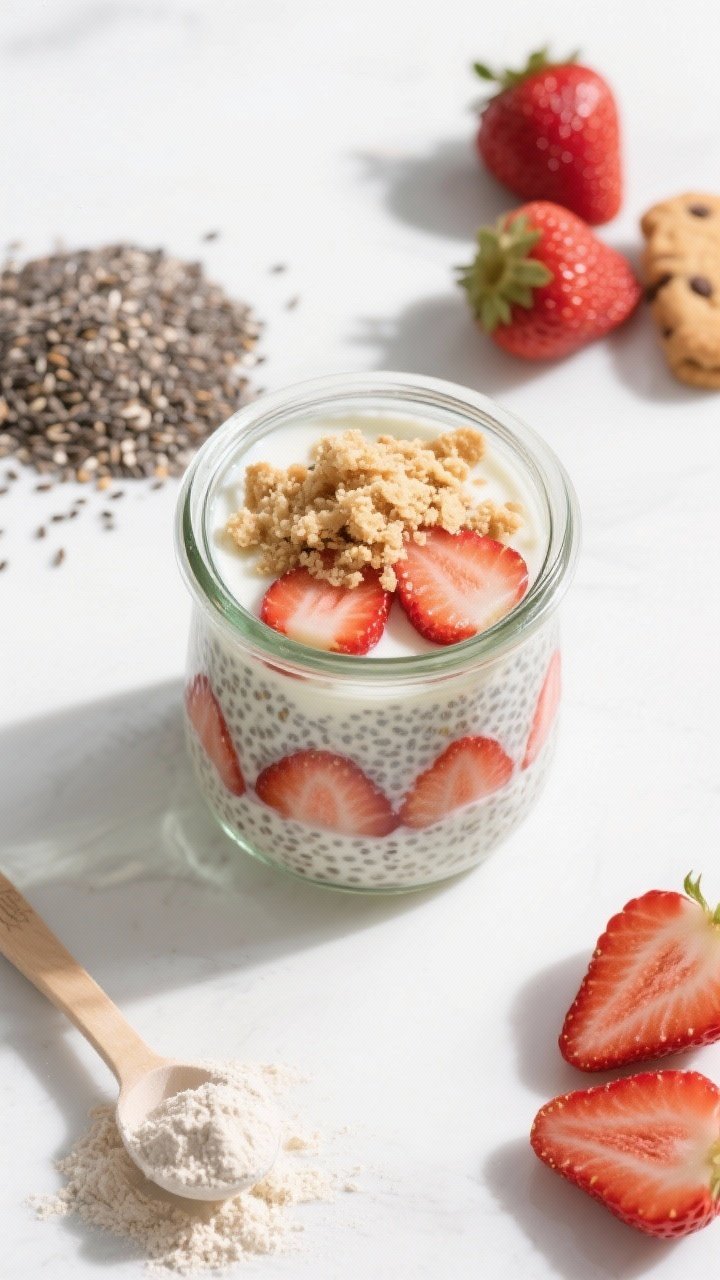 Overhead ingredient-to-final transition for strawberry shortcake chia protein pudding: a glass jar of set chia pudding made with milk, Greek yogurt, vanilla protein, vanilla extract, and a touch of maple syrup, layered with juicy sliced strawberries and a crumble of vanilla cookie-style shortcake crumbs. Surround the jar with neat piles of chia seeds, a scoop of vanilla protein powder, and fresh strawberries on a white slab. Bright, clean morning light, high contrast to show chia texture and strawberry gloss, no people.