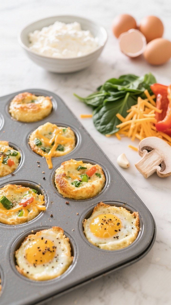 Overhead ingredient-to-finish grid for cottage cheese egg bites: raw eggs, a bowl of creamy cottage cheese, shredded cheddar, chopped spinach, bell peppers, and mushrooms displayed neatly; beside them, a nonstick muffin tin filled with puffed golden egg bites speckled with veggies and melted cheddar, lightly dusted with black pepper and garlic powder; bright kitchen light.
