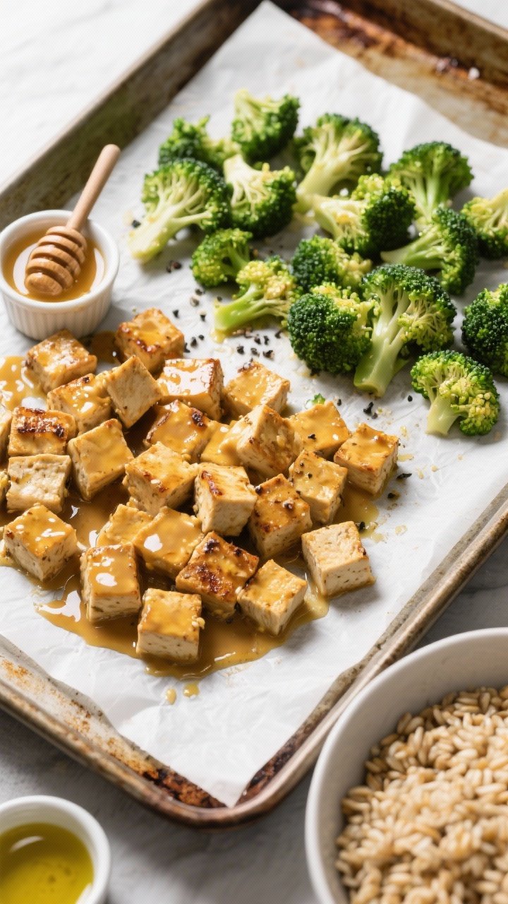 Overhead ingredient-to-oven scene for Honey Mustard Tempeh Grain Bowls: cubed tempeh tossed in glossy honey-mustard sauce on a parchment-lined sheet pan alongside broccoli florets, lightly coated in olive oil, salt, and black pepper, ready to roast. Nearby bowl of cooked farro (or barley) with visible chewy grains. Small ramekins of honey, Dijon, and olive oil included for context. Bright green broccoli against golden tempeh cubes; clean, natural light, high clarity.