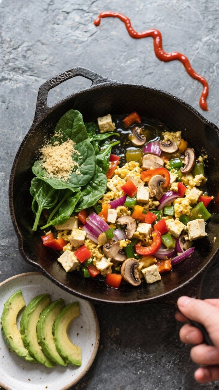 Overhead ingredient-to-pan transition for a savory tofu veggie scramble: crumbled extra‑firm tofu sizzling in olive oil with diced bell peppers, sliced mushrooms, and red onion; baby spinach just beginning to wilt; dusting of nutritional yeast and a zigzag of Sriracha on the side ready to add; fanned avocado slices waiting on a small plate; vibrant colors, cast-iron skillet centered on a textured slate surface.