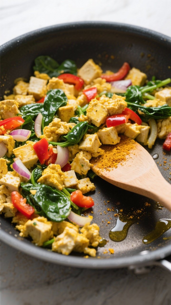 Overhead ingredient-to-pan transition of a vibrant tofu scramble: crumbled firm tofu tinted golden with turmeric, diced onion and red bell pepper, wilted spinach, and a hint of garlic powder in a nonstick skillet; olive oil sheen visible, wooden spatula resting on the pan, bright, clean light highlighting the colorful veg.