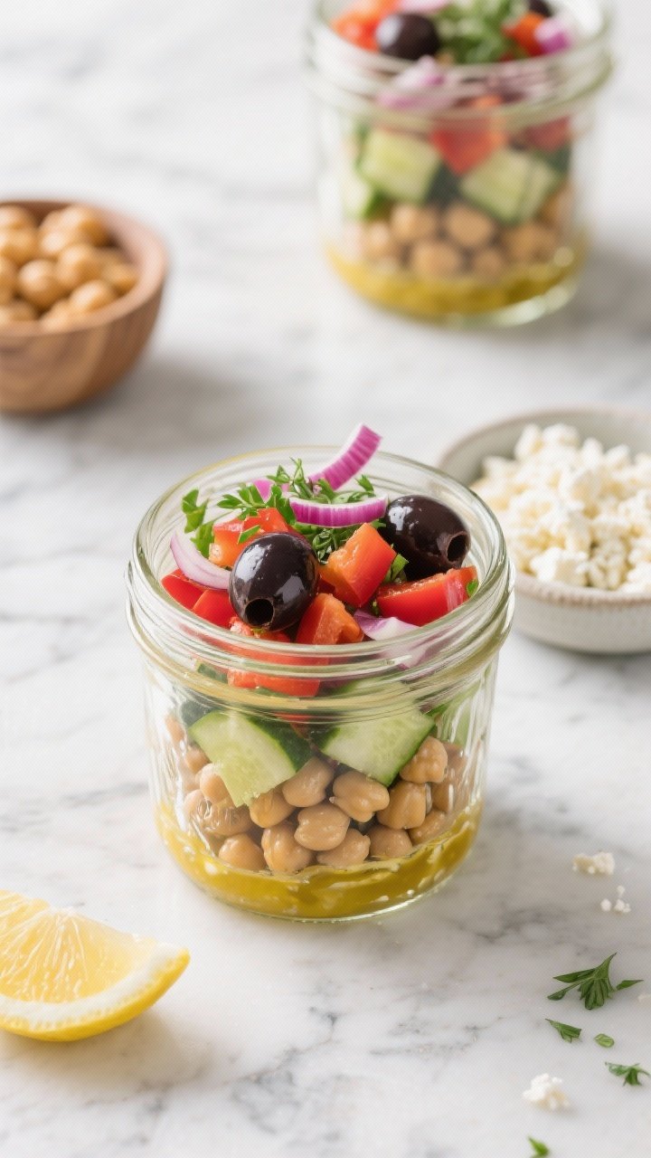 Overhead jar assembly shot for Greek-Style Chickpea “Chicken” Salad Jars: clear mason jars layered with lemony dressing at the bottom, then chickpeas, diced English cucumber, diced red bell pepper, finely chopped red onion, sliced Kalamata olives, and chopped herbs; ingredients staged nearby on a marble surface with a small dish of crumbled vegan feta-style topping; bright Mediterranean colors, crisp, airy light.