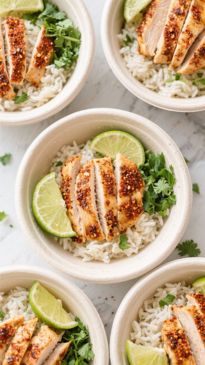 Overhead meal-prep flat lay of Chili-Lime Chicken bowls: sliced chili-lime rubbed chicken breasts (chili powder, cumin, smoked paprika, garlic and onion powders) fanned over fluffy cilantro-lime rice, with lime wedges and chopped cilantro scattered; lightly glossy from