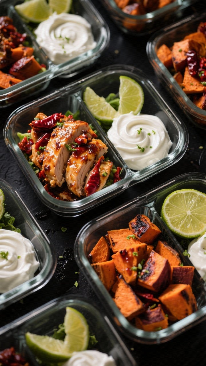 Overhead meal-prep flat lay of smoky chipotle chicken bowls: roasted boneless skinless chicken thighs glazed with chopped chipotle in adobo and lime, charred diced sweet potatoes with caramelized edges, a dollop of plain Greek yogurt swirled with lime zest, lime wedges on the side. Served in compartmentalized glass containers on a matte black surface, garnished with extra adobo sauce and lime zest; vivid orange sweet potatoes, deep red chipotle, creamy white yogurt; crisp, contrasty lighting.