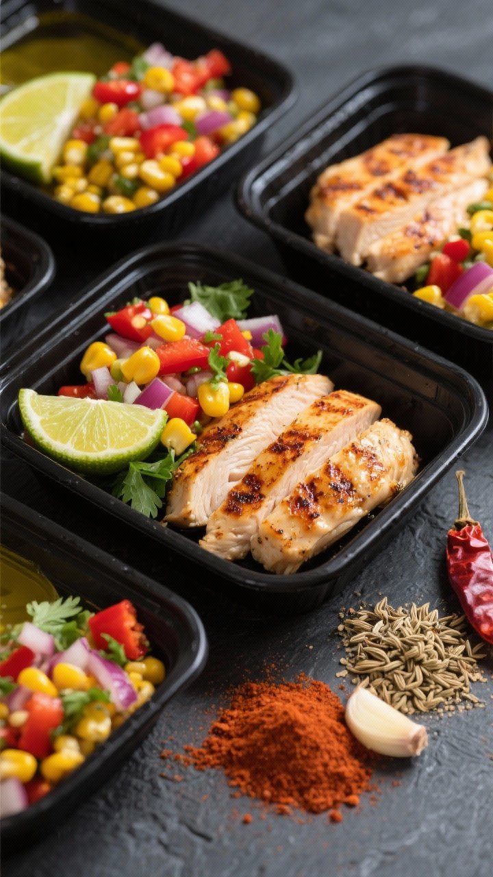 Overhead meal prep shot: sliced chili-lime chicken cutlets seared with a light char, arranged in black meal prep containers alongside zesty corn salsa (golden corn kernels, red bell pepper, red onion, cilantro), lime wedges, and a drizzle of olive oil; visible spice mix piles on the side (chili powder, cumin, smoked paprika, garlic powder, onion powder) on a matte slate surface for a bold, punchy Southwestern vibe.