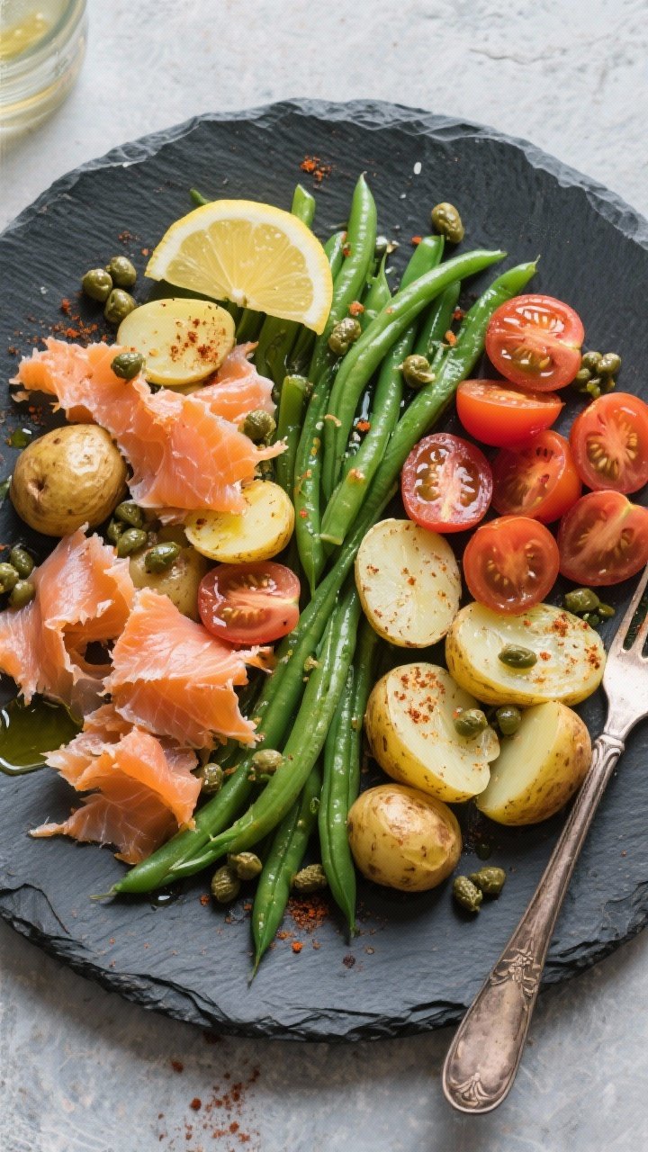 Overhead Niçoise-inspired plate, no-cook: torn smoked salmon, halved baby potatoes, cooled cooked green beans, and halved cherry tomatoes arranged in quadrants on a large slate plate; capers and lemon wedges added, olive oil gloss and a light sprinkle of smoked paprika for “smoky” mood; rustic fork at the side, cool daylight for clean textures.