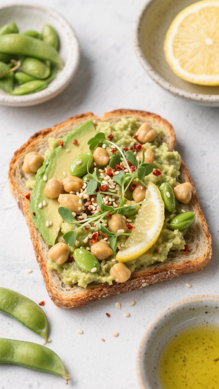 Overhead open-faced spicy chickpea avocado toast with edamame smash: rustic toasted sourdough topped with a chunky mash of shelled edamame, canned chickpeas, and ripe avocado; lemon juice brightness, extra-virgin olive oil gloss, Dijon mustard zing, and a sprinkle of chili flakes for heat; microgreens and sesame seeds as finishing touch; ingredients bowls arranged around the toast for context, clean slate surface, crisp morning vibe.