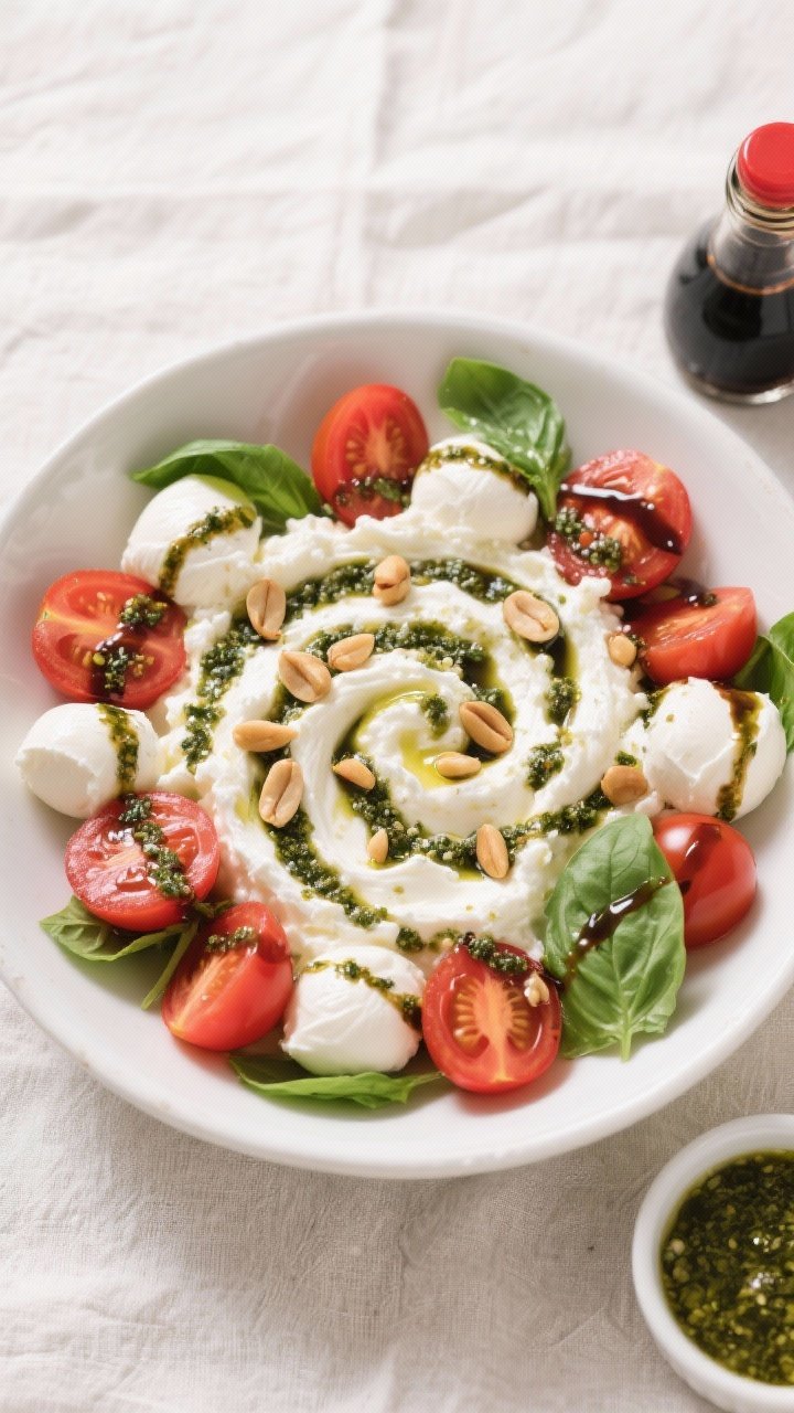 Overhead plated bowl: Caprese Cottage Cheese Bowls. A generous swirl of cottage cheese topped with halved cherry tomatoes, mini mozzarella balls (bocconcini) halved, torn basil leaves, and a balsamic-pesto drizzle creating marbled ribbons. Sprinkled with toasted pine nuts. White ceramic bowl on a pale linen with a small ramekin of pesto and a bottle of balsamic nearby. Bright, fresh, high contrast reds, whites, and greens.