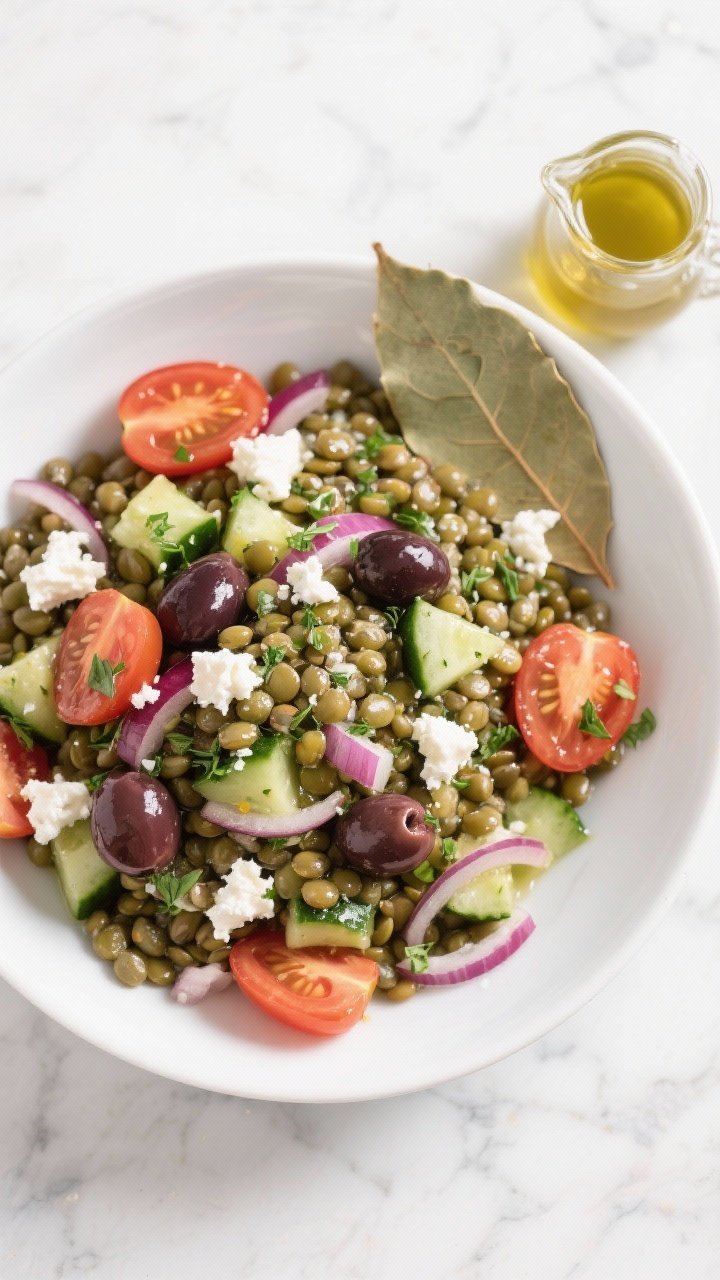 Overhead plated Tangy Greek Lentil Salad With Feta and Herb Dressing: French/green lentils tossed with halved cherry tomatoes, diced cucumber, finely chopped red onion, Kalamata olives, and crumbled feta; herb dressing sheen with oregano and parsley flecks; served in a wide white bowl with a bay leaf nearby and a small carafe of dressing; crisp, colorful Mediterranean palette, clean marble background.