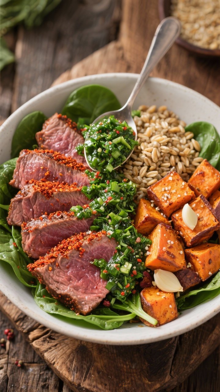 Overhead power bowl composition: medium-rare flank/skirt steak slices with visible juices and a paprika-spice crust (salt, pepper, smoked paprika), arranged beside roasted sweet potato cubes seasoned with garlic powder, a bed of baby spinach, and spoonfuls of vibrant green chimichurri cascading over the steak. Grain component like farro or quinoa optional in the background, rustic wooden table, bold contrast, energetic, hearty.