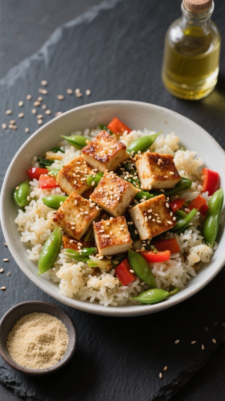 Overhead power bowl composition: sesame-crisped tofu cubes (cornstarch-dusted, pan-seared) arranged over a base of vegetable fried “rice” made from riced cauliflower, with pops of green edamame and diced red bell pepper; sprinkled with toasted sesame seeds and a light soy-sesame drizzle; separate small dish of cornstarch and a bottle of neutral oil included in the styling; modern, high-contrast look on a dark slate surface.