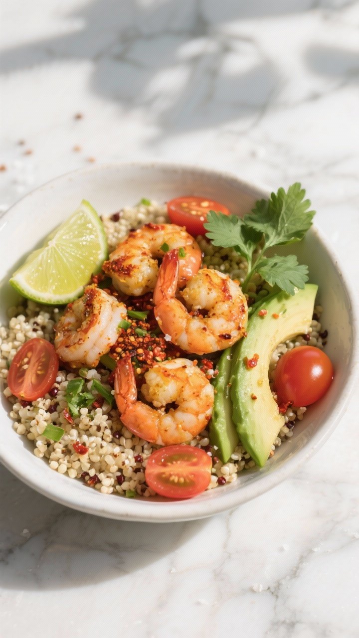 Overhead power bowl of chili-lime shrimp and quinoa: plump shrimp sautéed in olive oil, butter, chili powder, smoked paprika, and lime zest, arranged over fluffy cooked quinoa with sliced avocado, cherry tomatoes, and a handful of cilantro; lime wedges on the rim, a light sprinkle of kosher salt and fresh cracked pepper; bright, zesty styling on a white ceramic bowl against a sunlit marble backdrop.