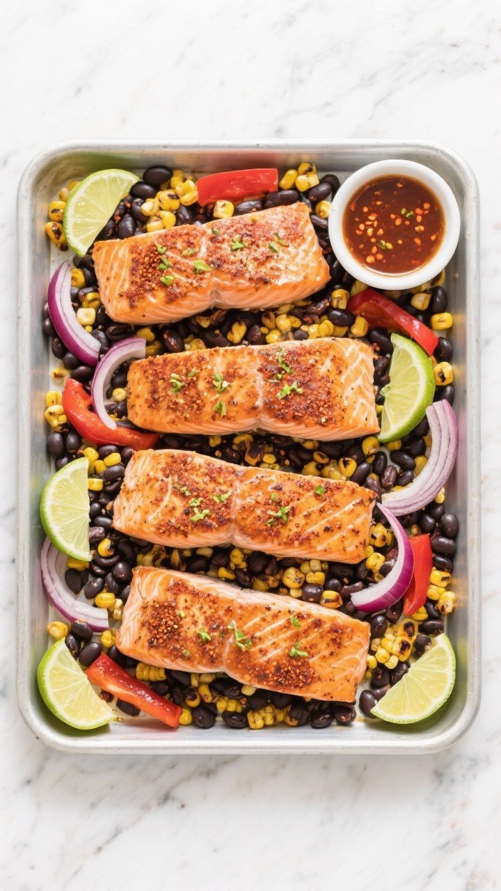 Overhead sheet pan chili-lime salmon with roasted corn and black beans: four salmon fillets with a chili-lime rub, caramelized edges and citrus zest, surrounded by a confetti of charred frozen corn kernels, black beans, thinly sliced red onion, and red bell pepper. Lime wedges tucked in, a small ramekin of chili-lime glaze to the side. Clean, bright styling on a light marble surface, crisp textures and saturated colors.