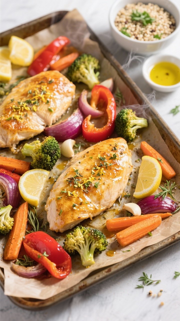 Overhead sheet pan scene: golden roasted boneless skinless chicken breasts glazed with lemon zest and juice, minced garlic, dried oregano and thyme, nestled among colorful roasted vegetables (broccoli florets, red bell pepper, red onion, carrot) on a parchment-lined pan; a side bowl of fluffy quinoa with parsley; lemon wedges and a small dish of olive oil nearby; bright, clean light, crisp textures, steam visible.