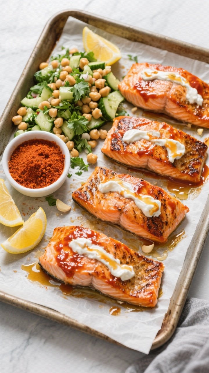 Overhead sheet-pan scene of harissa yogurt baked salmon: four salmon fillets brushed with a vivid harissa-Greek yogurt mixture, olive oil, honey, garlic powder, and kosher salt, roasted until lightly charred at the edges; alongside a bright chickpea and cucumber salad with parsley and lemon; garnished with lemon wedges, extra harissa in a small dish, clean modern styling on a parchment-lined pan.