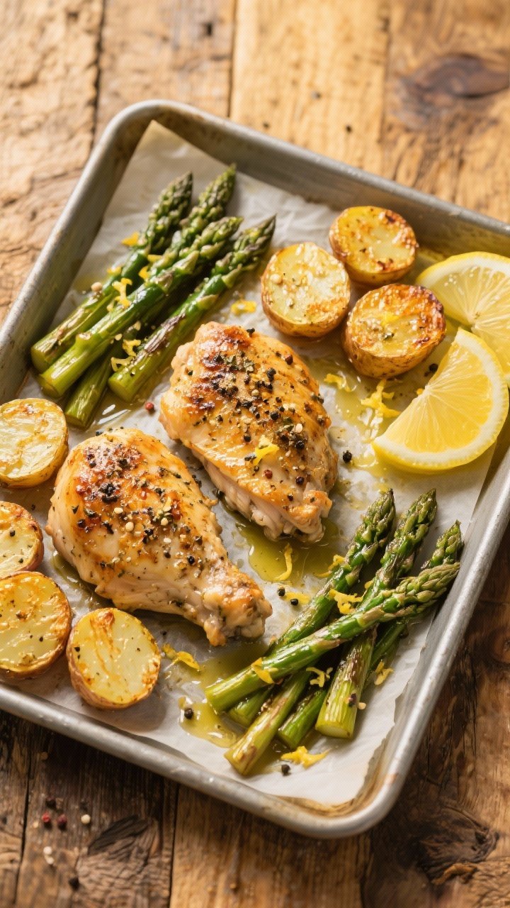 Overhead sheet pan scene of Lemon Pepper Chicken with Crispy Potatoes and Asparagus: boneless skinless chicken thighs dusted with salted lemon pepper seasoning, roasted beside halved baby gold potatoes with crackly edges and vibrant asparagus thirds; glistening with divided olive oil; lemon zest and cracked pepper sprinkled; all on a parchment-lined metal pan, rustic wooden table backdrop, golden-roasted tones.