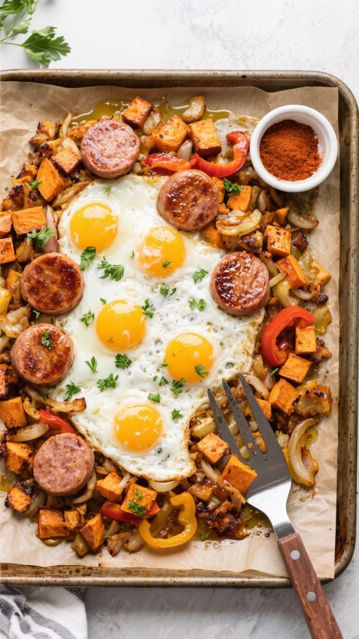 Overhead sheet pan scene: roasted turkey sausage coins, caramelized sweet potato cubes, and diced onions and bell peppers with four jammy-yolk eggs nestled on top; edges crisped and sprinkled with fresh parsley; golden-brown hash glistening with a light olive oil sheen; sheet pan on a parchment-lined tray with a ramekin of smoky paprika and a serving spatula in frame.