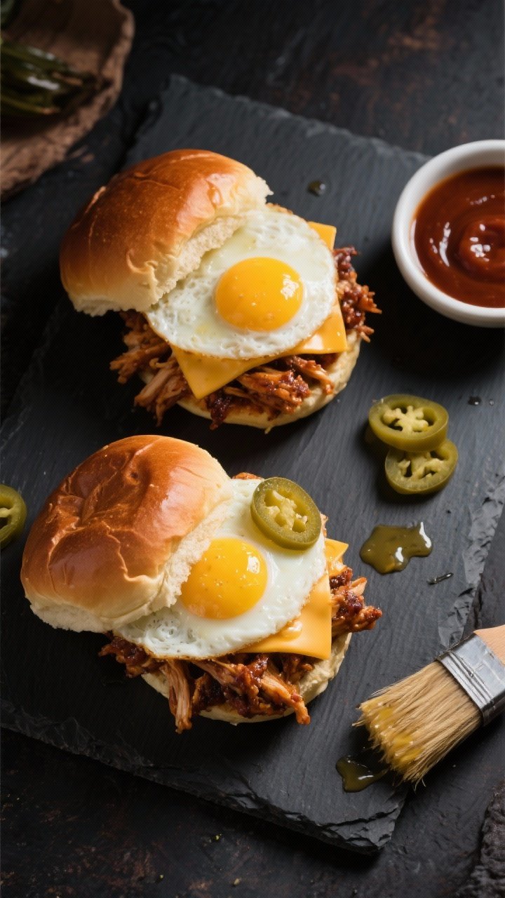 Overhead shot of a BBQ pulled chicken and egg breakfast slider duo on a dark slate: two Hawaiian roll sliders filled with saucy shredded BBQ chicken, a freshly cooked egg per slider (yolk slightly jammy), and small slices of cheddar just melted. Pickled jalapeños tucked into one slider and a few scattered on the board; brush of butter on roll tops for shine. A small bowl of BBQ sauce and a basting brush included; moody, mouthwatering contrast.