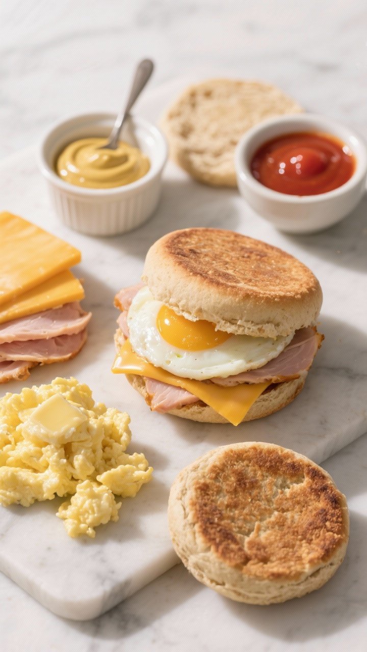 Overhead shot of a classic deli-style egg and turkey breakfast sandwich assembly on a light marble surface: toasted whole wheat English muffins, fluffy scrambled eggs made with butter, stacks of deli-sliced turkey breast, sharp cheddar slices just beginning to melt, a small ramekin of Dijon mustard with a tiny spoon, and a drizzle-ready ramekin of hot sauce. Include a toasted muffin already built with layers—mustard swipe, turkey, egg, cheddar—cheese glossy and melty, with a second open-faced muffin showing texture and nooks. Warm, morning light, crisp shadows, no people.