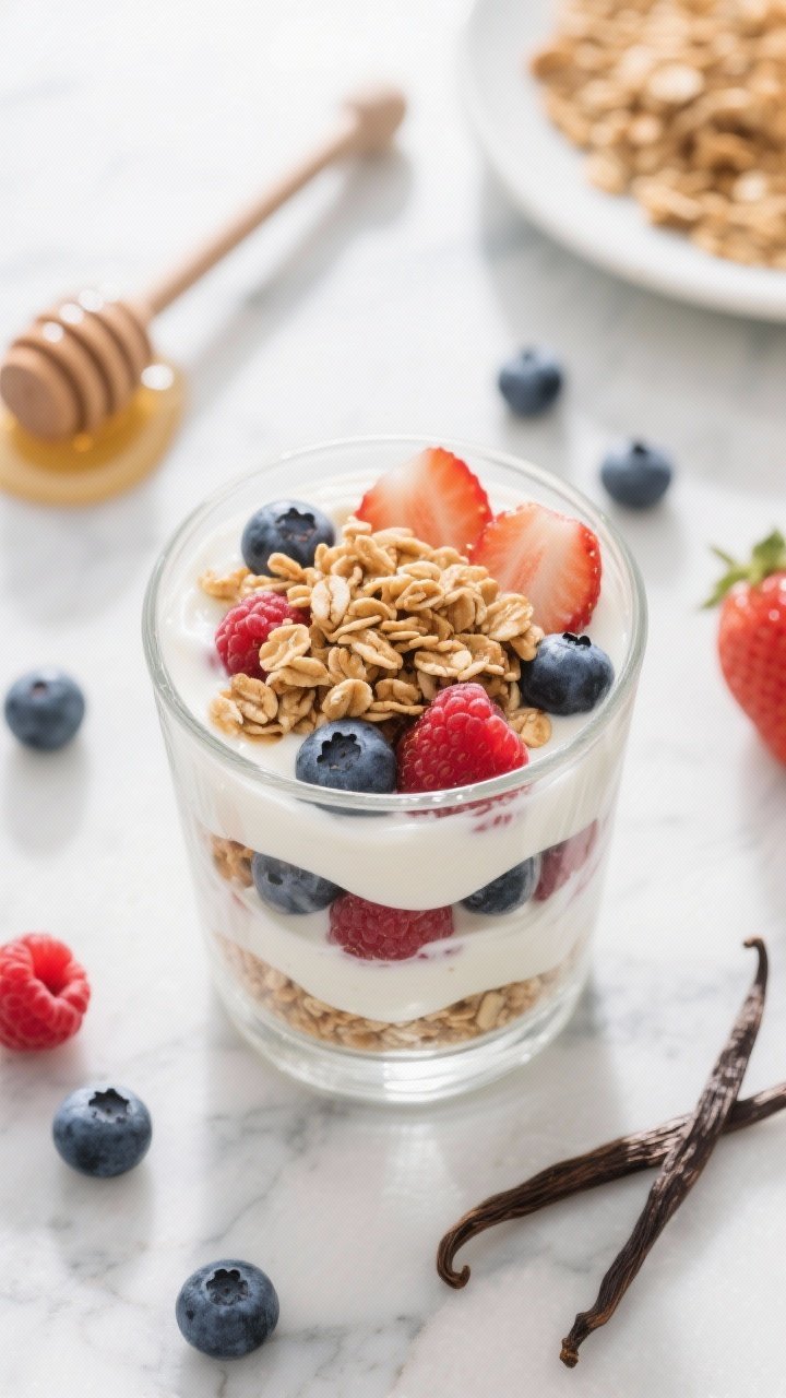 Overhead shot of a creamy berry crunch parfait layered in a clear glass: 2% plain Greek yogurt lightly sweetened with honey and a hint of vanilla, swirled between vibrant mixed berries (blueberries, raspberries, sliced strawberries) and a scatter of high-protein granola on top. Styled on a cool marble surface with a honey dipper, vanilla pod, and extra berries around; bright morning light, crisp detail highlighting glossy berries and crunchy granola texture.