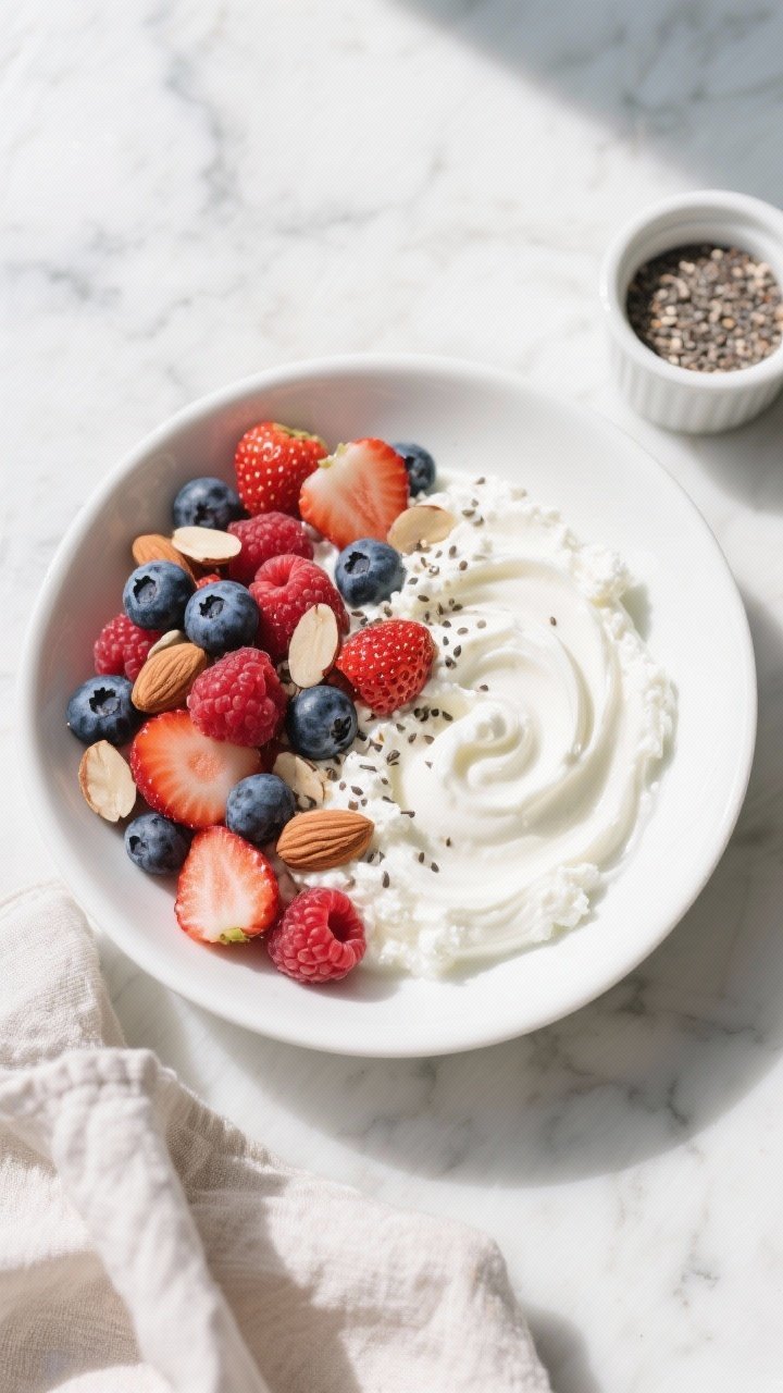 Overhead shot of a creamy cottage cheese berry bowl in a shallow white ceramic dish: swirls of low-fat cottage cheese and plain 2% Greek yogurt, topped with a vibrant mix of strawberries, blueberries, and raspberries, a sprinkle of chia seeds, and sliced almonds for crunch; styled on a cool marble surface with a small ramekin of extra chia and a linen napkin, soft natural window light, crisp detail on the glossy berries and nut texture.