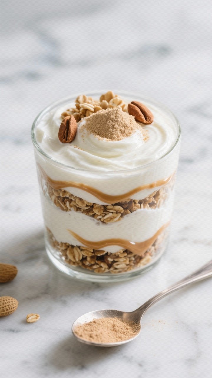 Overhead shot of a Greek Yogurt Power Parfait layered in a clear glass: thick plain nonfat Greek yogurt swirled with a scoop of vanilla protein powder, ribbons of natural peanut butter drizzled between layers, and a generous sprinkle of high‑protein granola on top; garnish with a few roasted peanuts and a light dusting of cinnamon; styled on a cool marble surface with a spoon showing yogurt’s creamy texture, bright natural morning light, crisp and clean, no people.