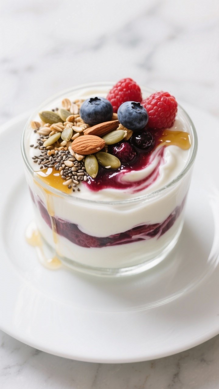 Overhead shot of a Greek yogurt power parfait layered in a clear glass: thick Greek yogurt swirled with a vibrant mixed-berry compote, topped with a crunchy mix of pumpkin seeds, sunflower seeds, chia, and toasted almonds, a drizzle of honey, and a few fresh blueberries and raspberries; white ceramic plate under the glass, light marble background, soft morning light, crisp textures and glossy berry swirl emphasized.
