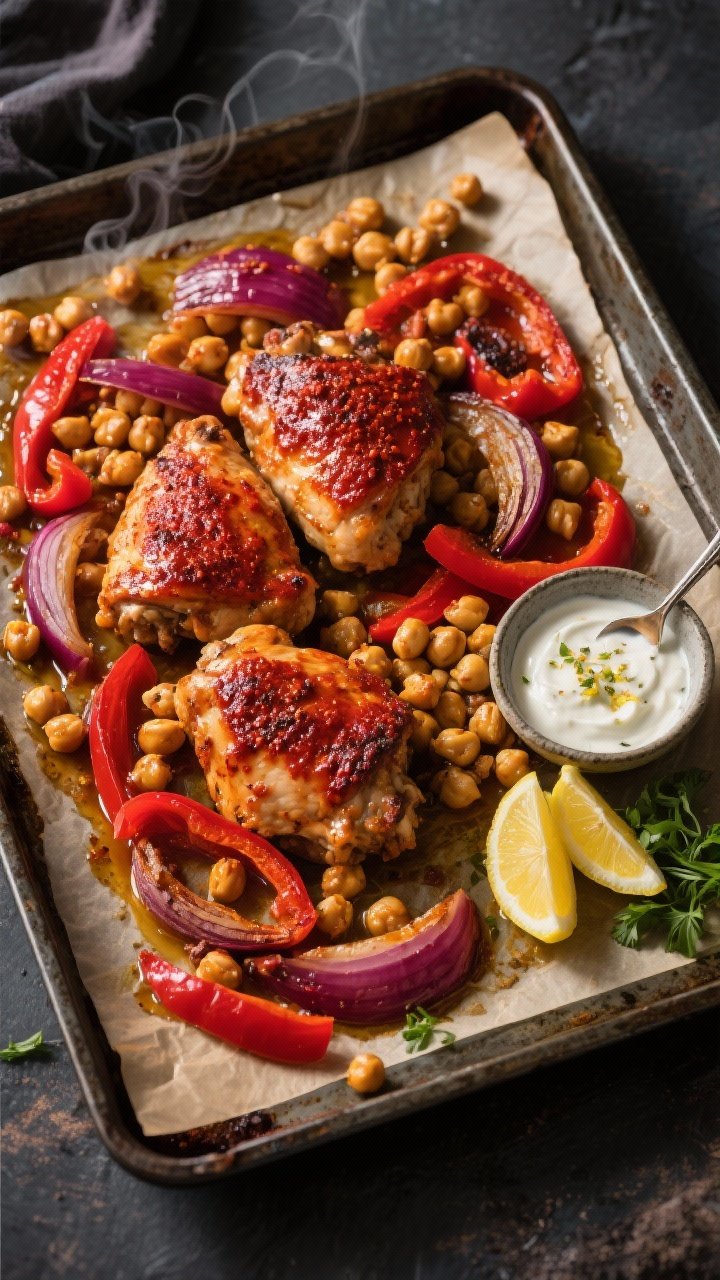 Overhead shot of a harissa chicken and chickpea sheet pan fresh from the oven: bronzed boneless skinless chicken thighs lacquered with deep-red harissa, crispy chickpeas, thick wedges of roasted red onion, and ribbons of red bell pepper, all glistening with olive oil. A small bowl of tangy lemon yogurt drizzle with zest flecks sits nearby with a spoon, lemon halves and scattered parsley on a parchment-lined sheet pan over a dark metal baking tray, dramatic shadows, vibrant reds and golds, high contrast, steam visible.