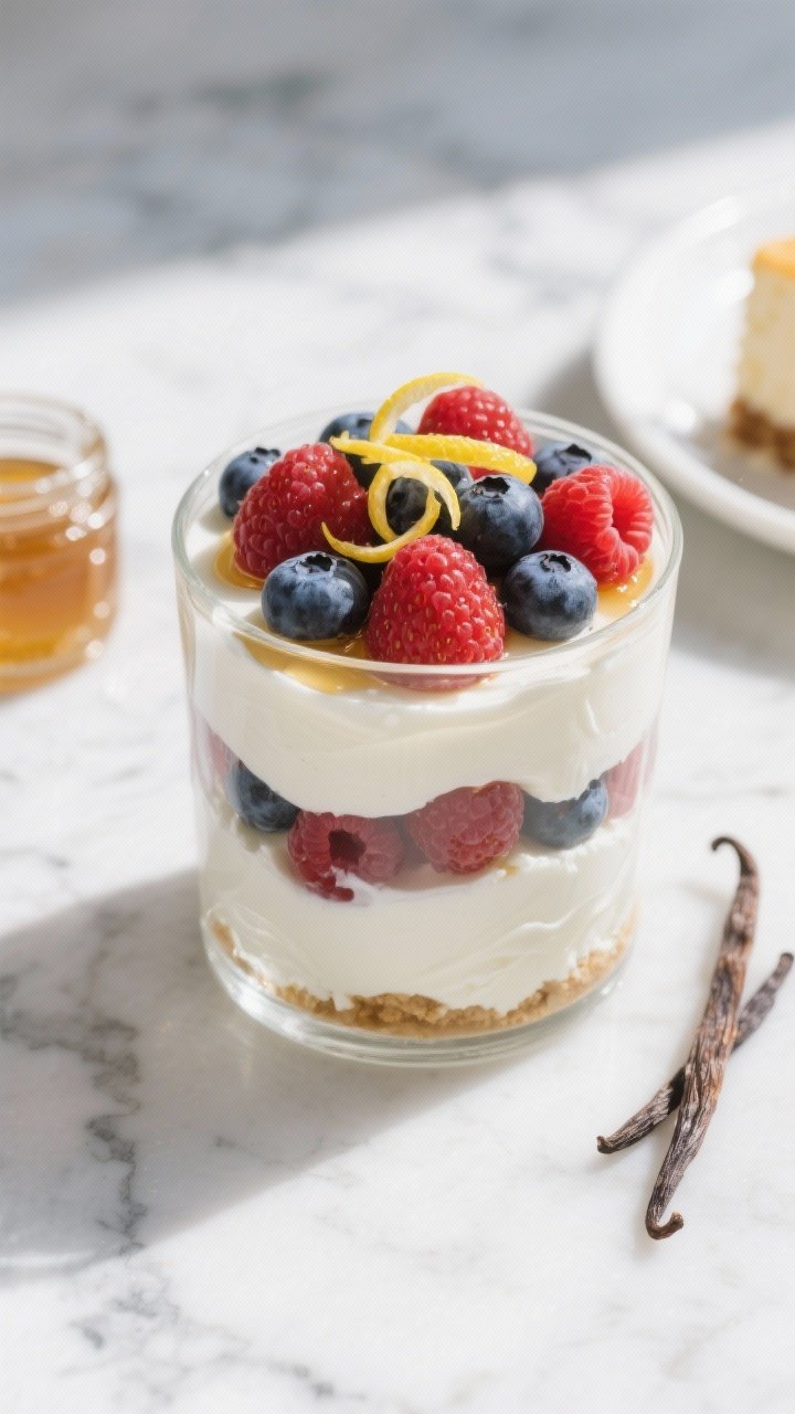 Overhead shot of a layered Greek yogurt berry cheesecake parfait in a clear glass: silky plain Greek yogurt swirled with low-fat cottage cheese, lightly sweetened with honey, scented with vanilla and a hint of lemon zest; vibrant mixed berries (strawberries, blueberries, raspberries) tucked between layers; topped with extra berries, a drizzle of honey, and lemon zest curls. Styled on a cool marble surface with a small jar of honey and a vanilla pod nearby. Bright morning light, crisp whites and berry reds/blues, clean dessert-for-breakfast mood, professional food styling, no people.