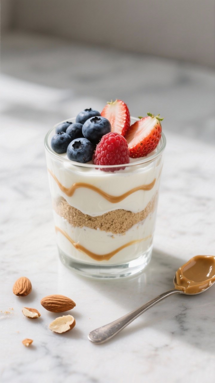 Overhead shot of a layered Greek yogurt power parfait in a clear glass: thick 2% plain Greek yogurt swirled with vanilla protein powder, ribboned almond butter drizzles, and a crown of fresh blueberries, strawberry slices, and raspberries; extra almond butter spoon and scattered toasted almond pieces on a cool marble surface, soft morning light, crisp focus on creamy texture and berry sheen, minimal props for a clean, high-protein breakfast vibe.