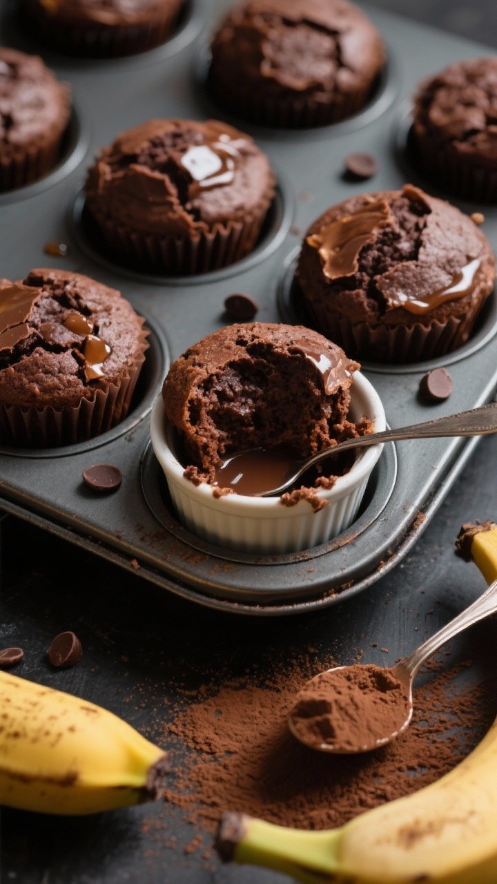 Overhead shot of a muffin tin just out of the oven with chocolate banana protein muffins, one muffin broken open in a spoon-friendly ramekin to show gooey, cake-like interior: deep cocoa color from cocoa powder and chocolate protein, moist crumb from mashed ripe bananas and Greek yogurt. A few chocolate chips scattered for visual interest, maple syrup glistening lightly on the cracked tops. Props: bananas, a scoop of chocolate protein powder, and a dusting of cocoa on the surface. Moody, rich lighting to emphasize chocolate, no people.