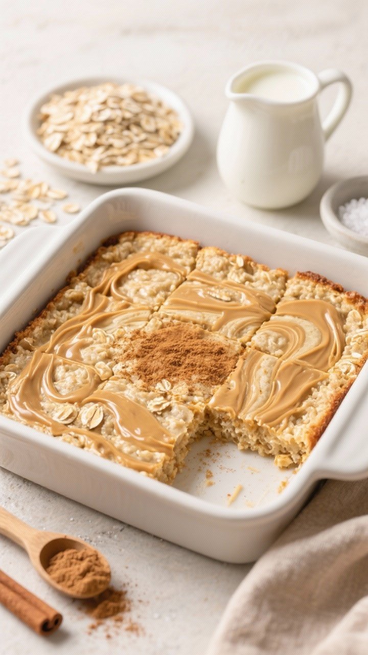 Overhead shot of baked oatmeal with whey and peanut butter swirl in a square baking dish: golden oat surface marbled with thick peanut butter swirls, a sprinkle of cinnamon on top; ingredients nearby include a scoop of vanilla protein powder, rolled oats, baking powder, a small pitcher of milk, and a pinch bowl of salt; one corner cut into neat squares, soft morning light, cozy and hearty mood.