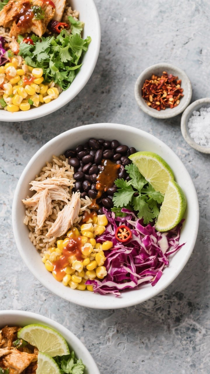 Overhead shot of chili-lime chicken burrito bowls in matte white bowls: shredded cooked chicken breast, cooled brown rice, black beans, corn kernels, shredded red cabbage, chopped cilantro, lime wedges, and a drizzle of chili-lime vinaigrette; components arranged in distinct colorful quadrants for a crunchy, fresh look on a cool gray stone surface with a small bowl of chili flakes and sea salt nearby.