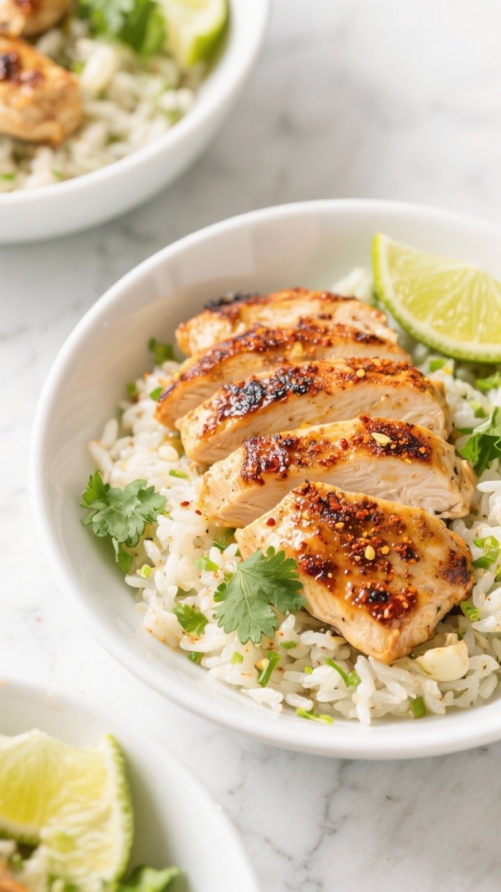 Overhead shot of Chili-Lime Chicken Power Bowls: sliced chicken breast cutlets seared with chili powder, smoked paprika, cumin, and garlic, glossy from olive oil; served over fluffy cilantro-lime rice with visible lime zest, wedges of fresh lime, and a sprinkle of chopped cilantro. Bright, zesty mood, white ceramic bowls on a light marble surface, clean styling, sharp focus on charred edges and juicy texture.