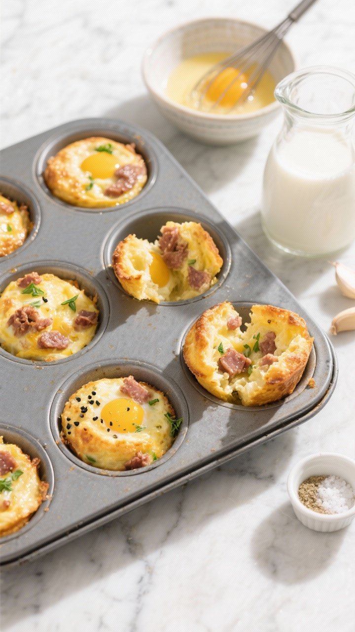Overhead shot of freshly baked egg muffins cooling in a muffin tin on a marble surface; visible mix-ins include crumbled cooked turkey sausage, flecks of black pepper, and green herbs, with a small ramekin of kosher salt, a pinch of garlic powder, and a jug of milk beside a bowl of whisked eggs; golden, slightly puffed tops and a few muffins cut open to show tender, custardy interior; bright morning light, crisp, clean styling.