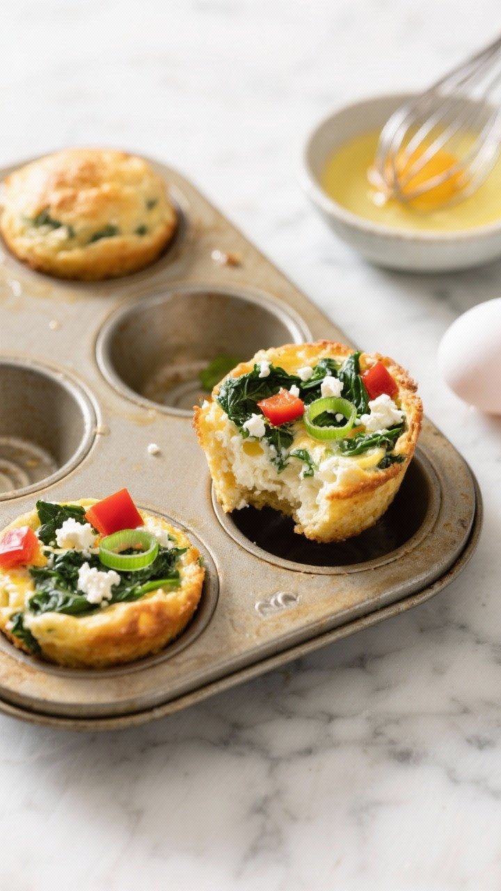 Overhead shot of freshly baked spinach-feta egg muffins cooling in a muffin tin on a marble surface, cut one muffin open to reveal fluffy curd-like cottage cheese texture, chopped baby spinach, diced red bell pepper, crumbled feta, and green onion rings; a small bowl of whisked eggs and egg whites with a whisk nearby; bright, clean morning light, minimal props, emphasis on the vibrant greens and reds against golden egg.