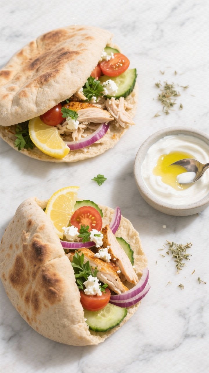 Overhead shot of Rotisserie Chicken Greek pitas being assembled on a marble surface: warmed whole wheat pitas opened and stuffed with shredded leftover rotisserie chicken, sliced cucumber, cherry tomatoes, red onion, and crumbled feta; a small bowl of lemon yogurt drizzle made from plain Greek yogurt, extra-virgin olive oil, fresh lemon juice, and a pinch of dried oregano sits beside, with a spoon mid-drizzle; garnished with chopped parsley, lemon wedges, and a light sheen of olive oil for a fresh Mediterranean vibe, bright natural light, crisp textures, no people.