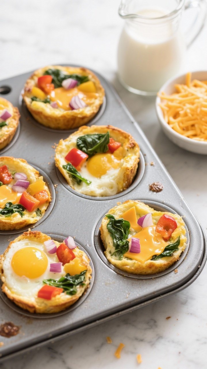 Overhead shot of savory egg muffins just out of the oven in a nonstick muffin tin, studded with mixed-color diced bell peppers, chopped baby spinach, finely diced red onion, and melted sharp cheddar on top; golden edges, a few muffins cut open to show fluffy egg interior; small bowl of extra shredded cheddar and a jug of milk nearby; styled on a light marble surface with minimal crumbs, bright morning light, crisp, high-contrast.