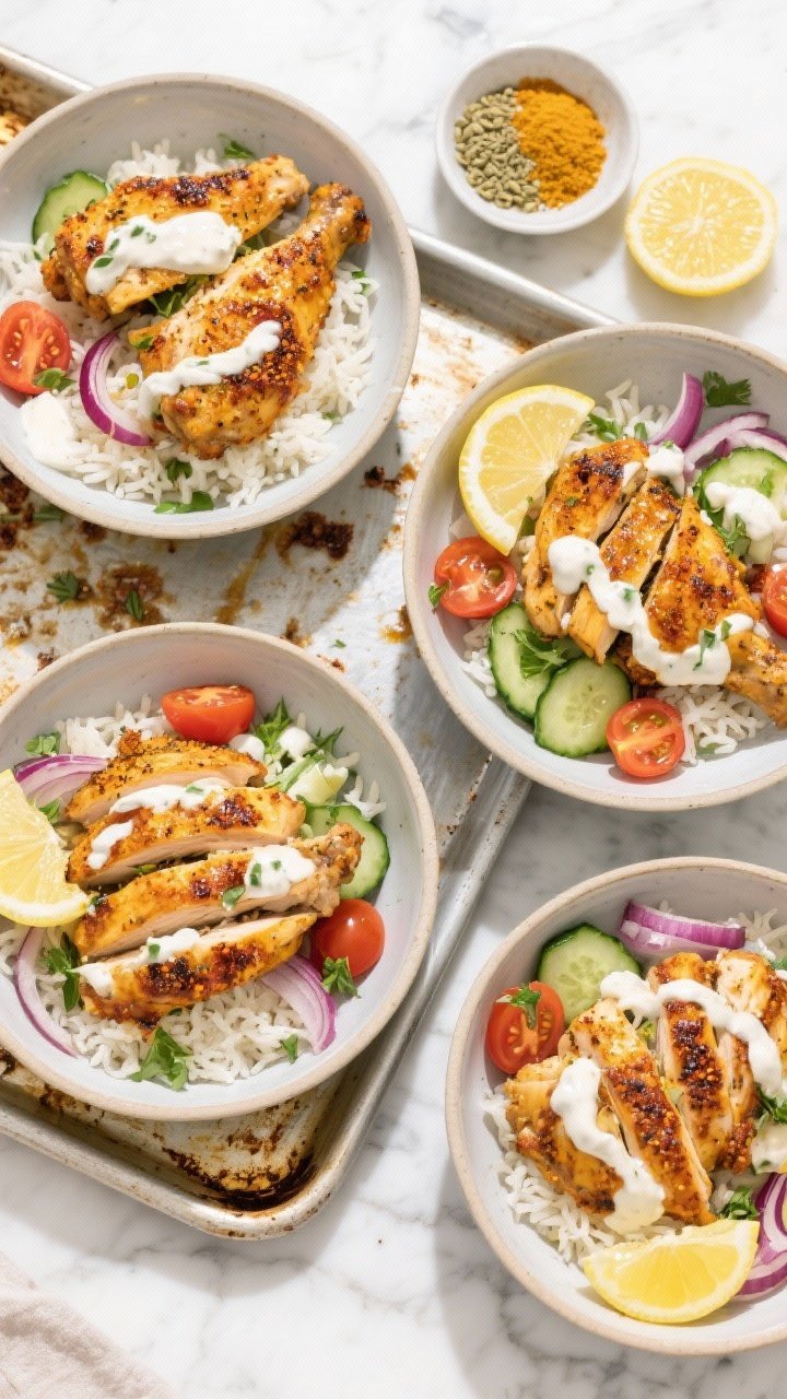 Overhead shot of sheet-pan chicken shawarma bowls: golden, spice-crusted chicken thigh strips (cumin, smoked paprika, coriander, turmeric, garlic and onion powders) roasted on a sheet pan with caramelized edges, served in wide bowls over fluffy rice with crisp cucumbers, cherry tomatoes, red onion, and fresh herbs, drizzled generously with a glossy lemon yogurt sauce; bright, sunlit Mediterranean styling on a light marble surface, small bowls of the shawarma spice blend and lemon wedges on the side.