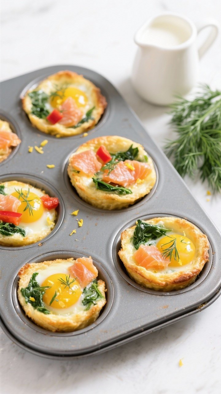 Overhead shot of smoked salmon egg muffins fresh from the oven in a nonstick muffin tin: golden, puffed egg cups studded with diced smoked salmon, chopped baby spinach, finely diced red bell pepper, and flecks of fresh dill, with lemon zest sprinkled on top; a small pitcher of milk and bunch of dill to the side, bright, clean lighting to emphasize color and airy crumb.