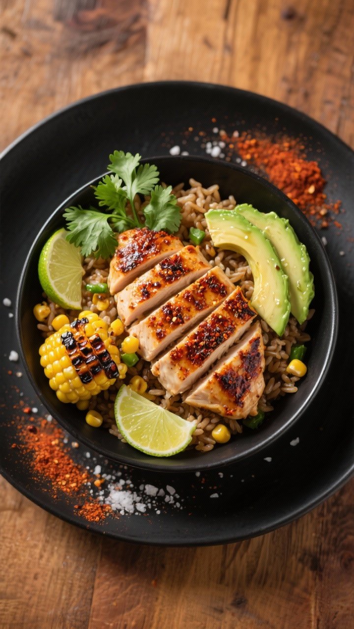 Overhead shot of smoky chili-lime chicken bowls: sliced chili-rubbed chicken breasts with visible grill marks, charred corn kernels, creamy avocado slices, lime wedges, and cilantro over cilantro-lime brown rice; seasoning mix of chili powder, smoked paprika, cumin, garlic powder, kosher salt, and black pepper dusted lightly; glossy olive oil sheen and a sprinkle of coarse salt; styled on a matte black plate over a warm wood surface for a vibrant, Southwestern feel.