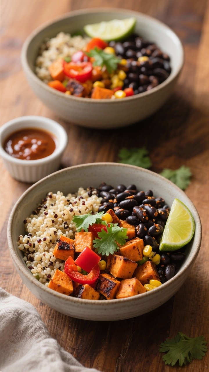 Overhead shot of Smoky Chipotle Black Bean and Quinoa Power Bowls: fluffy quinoa cooked in low-sodium vegetable broth, piled with roasted diced sweet potato, red bell pepper, and corn, alongside glossy black beans; drizzled with a smoky chipotle-lime sauce, garnished with cilantro and lime wedges; served in matte ceramic bowls on a warm wooden surface with a small ramekin of chipotle sauce; vibrant oranges, reds, and charred edges, natural window light, crisp textures.